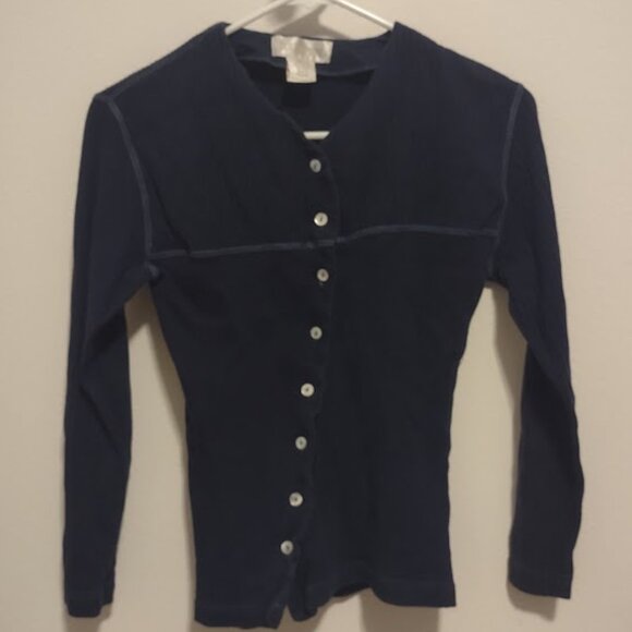 Navy Blue Button Up Knit Top with Contrast Stitching - Size M - Picture 1 of 7